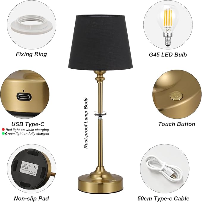 Kakanuo Cordless Table Lamps Rechargeable Set - 2 Pack Brass 4000mAH Battery Operated Lamps for Decor, 3000K Stepless Dimming Touch Wireless Lamp for Bedroom, Dining Table, Living Room, Black Shade