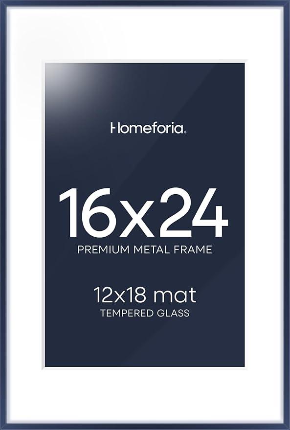 Homeforia 16x24 Navy Blue Picture Frame, High End Metal 16x24 Poster Frames with Mat 12x18 inch Photo, 16 x 24 Navy Blue Frame Matted to 12 by 18 Print, 24x16 Frame, Tempered Glass, Wall Kit, Set of 1