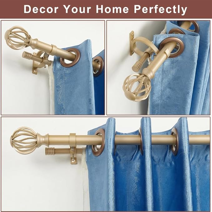 Light Gold Double Curtain Rods, 36-72 Inches, Round Finials, 1-Inch Front, 5/8-Inch Back, Telescoping