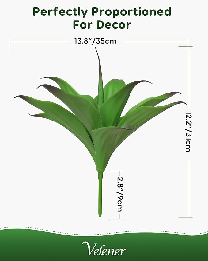 Velener 13.8 Inch Artificial Agave Plants, UV Resistant Fake Outdoor Plants, Small Faux Plants for Indoor Decor(Green)-2 Pack