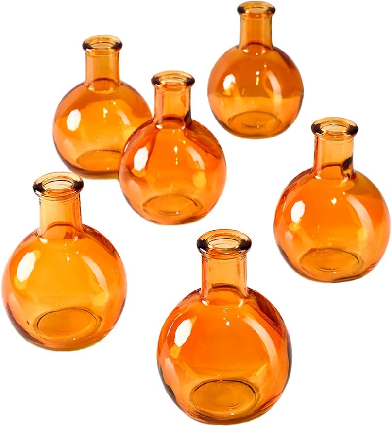 Serene Spaces Living Set of 36 Small Amber Ball Bud Vase, Vintage Glass Bottle Vases for Weddings, Events, Parties, Floral Centerpieces for Home Decor, Measures 3" Diameter & 4" Tall