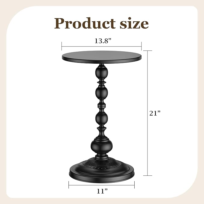Side Table - Small Round Metal Accent Table for Living Room, Bedroom, Office - Modern Matte Black Pedestal Coffee Table for Small Spaces - 21" Height, Compact Drink Table for Sofa, Corners