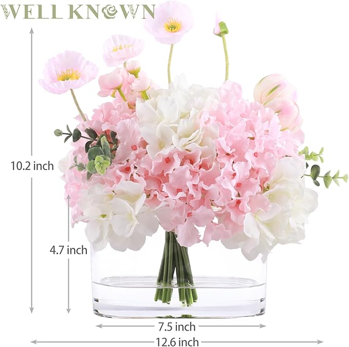 WELL KNOWN Artificial Flowers in Vase, Fake Hydrangea Tulip Flowers Bouquet with Big Glass Vase for Home Office Wedding Party Decor for Dining Table Centerpiece Housewarming Mom's Gift (Pink White)