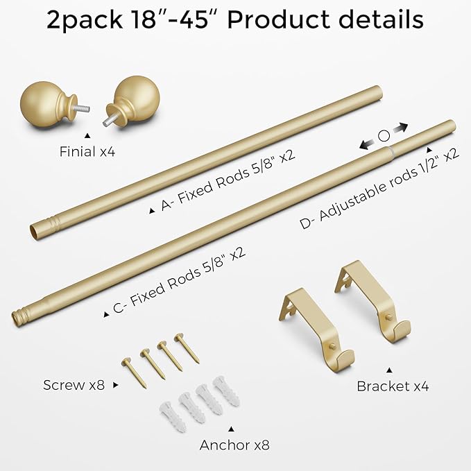 2 Pack Gold Curtain Rod for Windows 18-45 Inch, 5/8 Inch Small Window Treatment Rods, Short Adjustable Splicing Drapery pole, Brass Gold