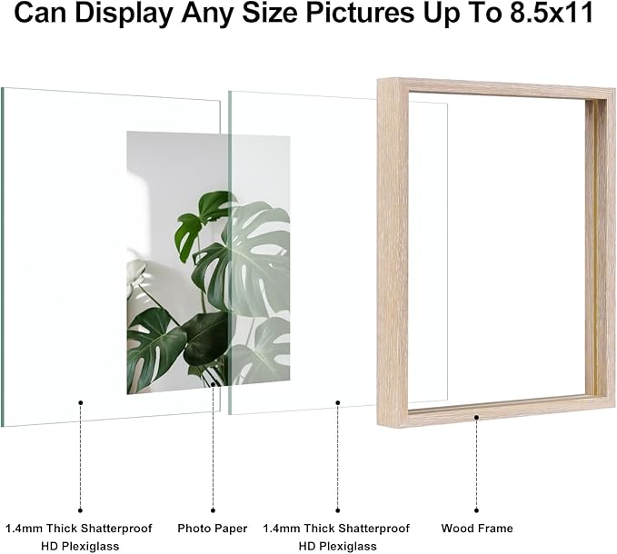 Egofine 8.5x11 Floating Frames Set of 2, Double Plexiglass Picture Frame, Made of Solid Wood Display Any Size Photo up to 8.5x11, Wall Mount or Tabletop Standing, Rose Pink