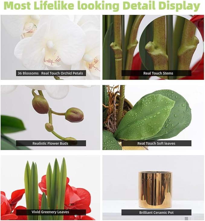 CXGS Artificial Orchid Flower Plants Real Touch Faux Orchids in Ceramic Vase 20.9'' White Phalaenopsis Orchid Fake Flower Arrangement Home Indoor Decor