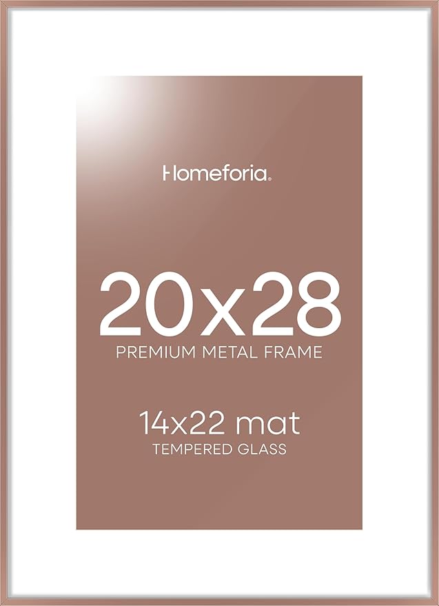 Homeforia 20 x 28 Picture Frame Mocha, High End Metal 20x28 Poster Frames with Mat 14x22 for Photo, 20 x 28 Mocha Frame Matted to 14 x 22 Print, 28x20 Hanging Frame, Tempered Glass, Wall Kit, Set of 1