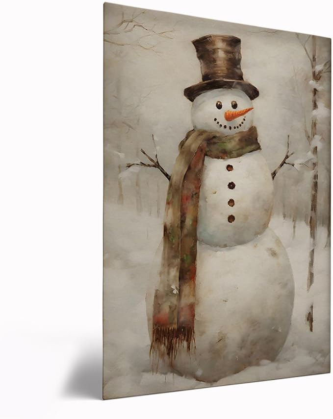Christmas Snowman Wall Art - Rustic Still Life Painting, Vintage Art Print, Holiday Poster for Living Room Bedroom Decor - 12x16 Inch Framed