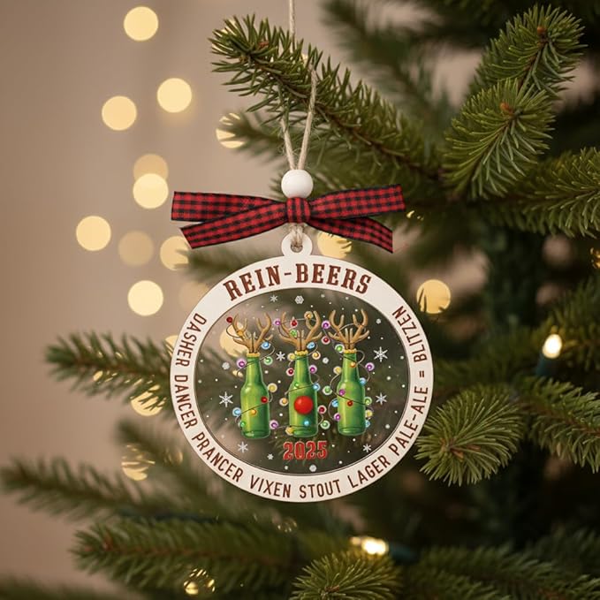 Rein-Beer 2025 Christmas Tree Ornaments - Beer Lovers Gifts for Women, Men Drinker - Best White Elephant Prank Ornaments - Gifts for The Beer Drinker - 2 Layers Wood Acrylic Ornament