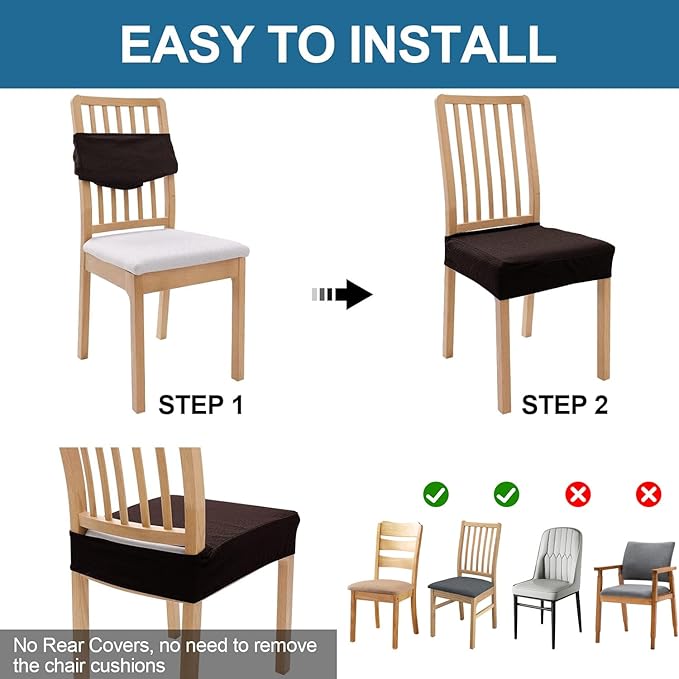 Smiry Waterproof Seat Covers for Dining Room Chairs Set of 2, Stretch Jacquard Removable Washable Chair Seat Slipcovers Protector, No Rear Covers, Brown