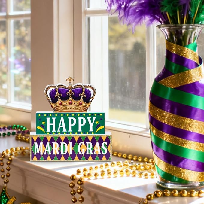 MEETYAMOR Mardi Gras Decorations, Wood Block Crown HAPPY MARDI GRAS Sign Table Decor, Glitter 3-Layered Wooden Mardi Gras Centerpieces for Tables Party Home Room Tiered Tray Shelf Tabletop Mantel