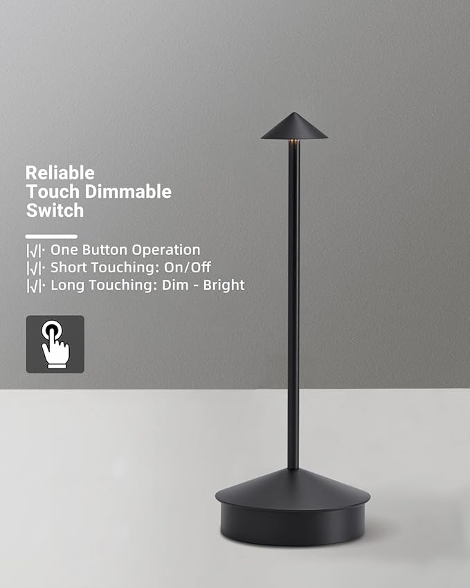 Cordless Table Lamp, 6000mAh Rechargeable Table Lamps, Portable Touch LED Lamp, 3 Color Stepless Dimming Battery Powered Bedside Table Lamps for Restaurant/Patio/Outdoor- Black (1 Pcs Black)