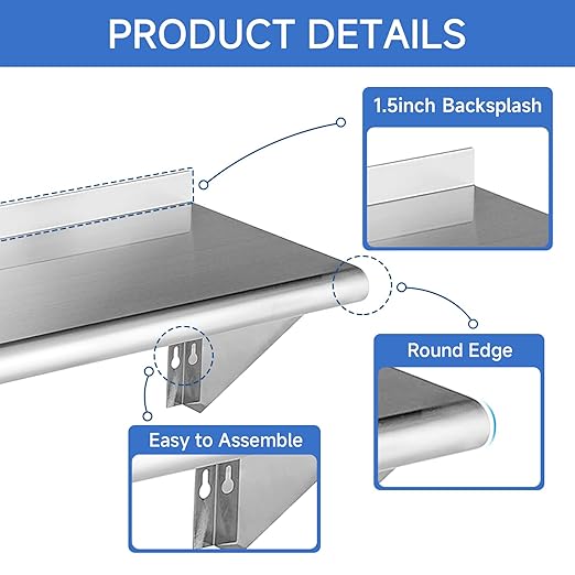 ROCKPOINT Stainless Steel Shelf 18 x 72 Inches 500lb, NSF Metal Commercial Shelves Wall Mount Floating Shelving with Backsplash for Restaurant, Kitchen, Home and Hotel, Silver
