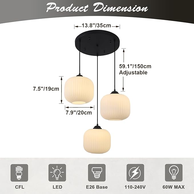 KCO Lighting 3 Light Cluster Pendant Modern Frosted Globe Chandelier Vintage Milk Glass Light Fixture Black Contemporary Cluster for Living Room Dining Room