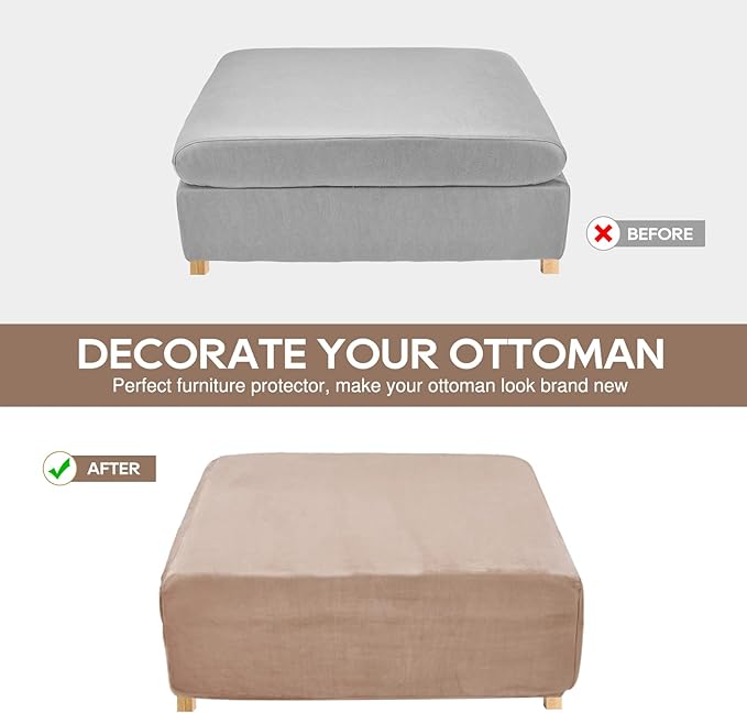 NeColorLife Velvet Ottoman Cover Square Storage Ottoman Slipcover Thick Stretchable Footrest Stool Covers with Elastic Band for Rectangle and Square Ottoman(Medium Size,Taupe)