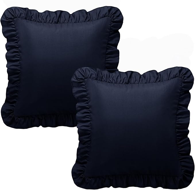 KKJIAF Ruffle Pillow Cases 18x18 Inches, Navy Blue Square Ruffled Pillow Covers Set of 2, Microfiber Wrinkle Resistant Pillow Shams with Envelope Closure for Sofa Bed Living Room