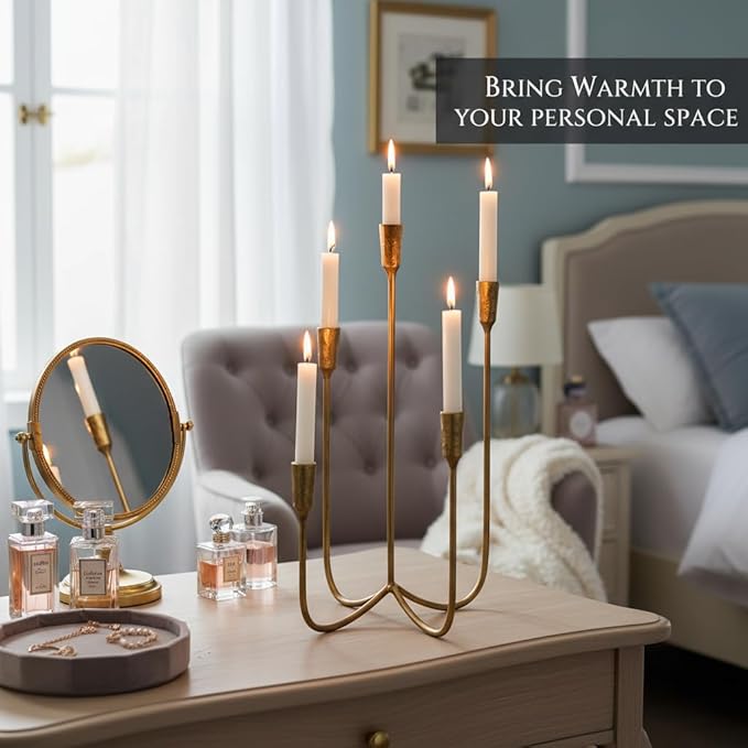 Candelabra for 5 Taper Candles – Hand-Forged Candle Holder with Elegant Vintage Finish – Decorative Centerpiece for Dining Room, Living Room or Mantel Decor（Brass Color-Straight）
