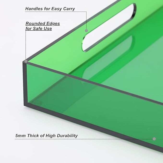 Large Acrylic Tray Ottoman Coffee Table Tray with Handles 17x13'' Decorative Serving Platter for Food Tea Dinner Snack Eating Bar Party, Emerald Green