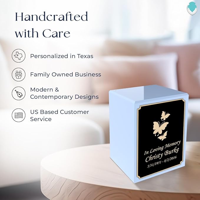 GetUrns Custom Butterfly Small Urn Box for Human Ashes I Personalized Wooden Keepsake Cremation Urn for Male or Female I Light Blue Memorial Box I 40lbs