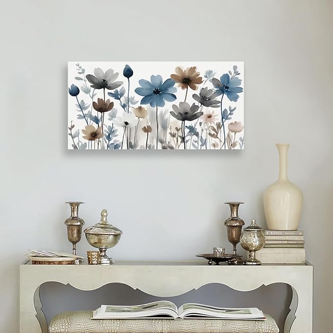 KZKU Flowers Canvas Wall Art - Floral Pictures for Wall Decor Indigo Brown Grey Canvas Prints Nature Printing Artwork for Living Room Bedroom Home Office Wall Decoration 20" x 40"