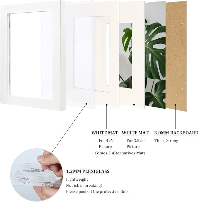 Egofine 5x7 Picture Frame 4PCS Made of Solid Wood, Display Picture 3.5x5/4x6 with Mat or 5x7 Covered by Plexiglass for Table Top Display and Wall Mounting Photo Frame, White with Texture