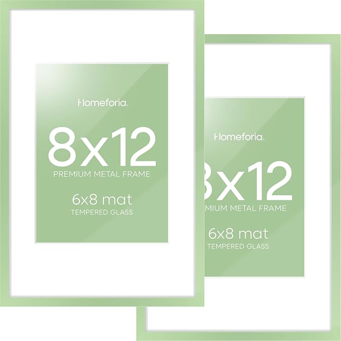 Homeforia 8x12 Picture Frame Sage Green, High End Metal 8 x 12 Poster Frames with Mat 6 by 8 Photo, 12x8 Frame Matted to 6x8 inch Art, 8by12 Wall or Tabletop Frames, Tempered Glass, Wall Kit, Set of 2