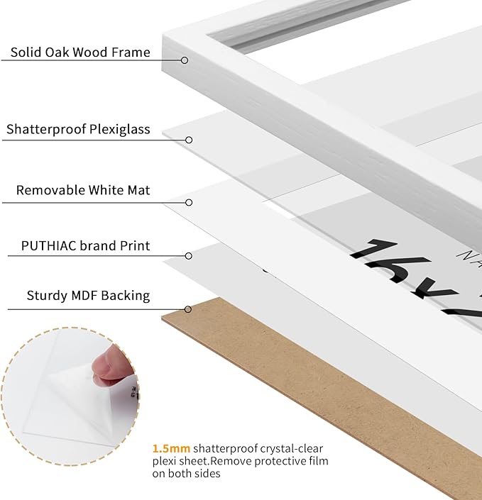 puthiac 16x20 White Picture Frames for Wall - Minimalist 16x20 Oak Wood Frames, 16"x20" Picture Frame Wood, Natural Solid Wooden Picture Frames for Wall Art Photo and Prints (1 Pack, White)