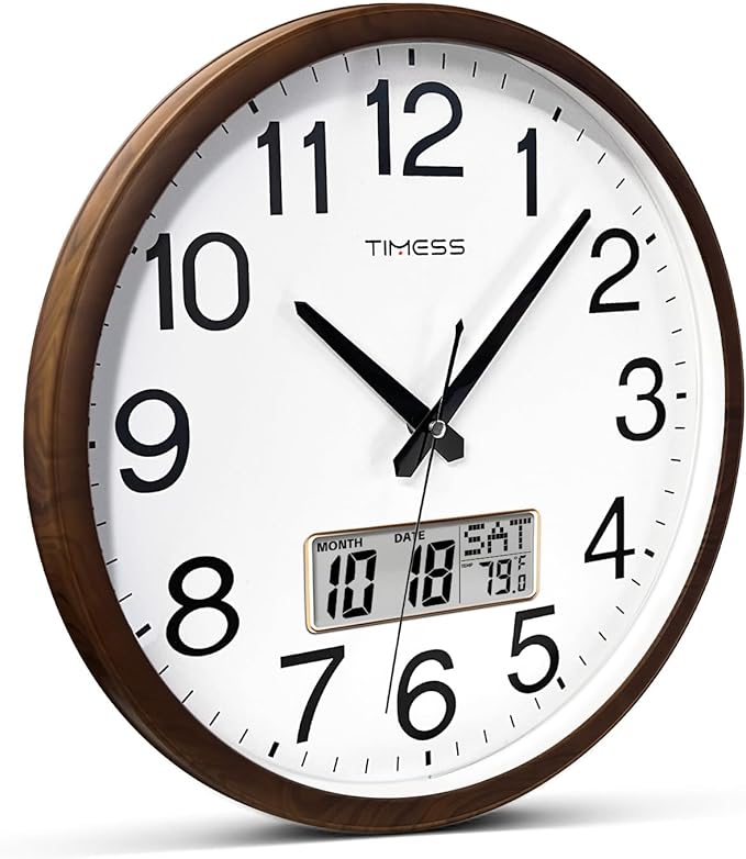 Wall Clock, Classic Wood Style Finish, 13 Inch Non-Ticking Silent Battery Operated Quartz Analog with Perpetual Calendar and F° Temperature Display, Home, Office Décor (Chestnut Brown)