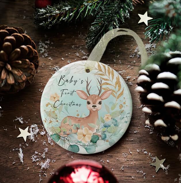 Babys First Christmas Ornaments 2025 Babies First Christmas Ornament Baby's 1st Ornament Boys Girls Round Ceramic Decoration with Gift Box&Ribbon (2.9"