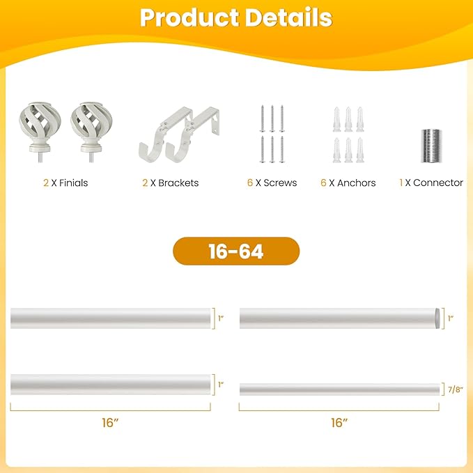 Curtain Rod for Windows 28 to 48 inches: 1 inch Diameter Heavy-duty Adjustable Decorative Curtain Rod, Weathered white Boho Rustic Drapery Rods with Twisted Cage Finials for Bedroom & Living Room