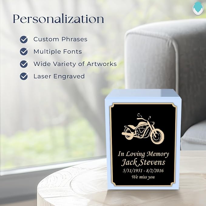GetUrns Custom Motorcycle Small Urn Box for Human Ashes I Personalized Wooden Keepsake Cremation Urn for Male or Female I Light Blue Memorial Box I 40lbs