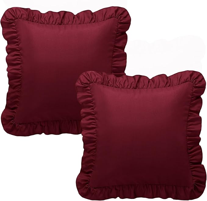 KKJIAF Ruffle Pillow Cases 24x24 Inches, Burgundy Square Ruffled Pillow Covers Set of 2, Microfiber Wrinkle Resistant Pillow Shams with Envelope Closure for Sofa Bed Living Room
