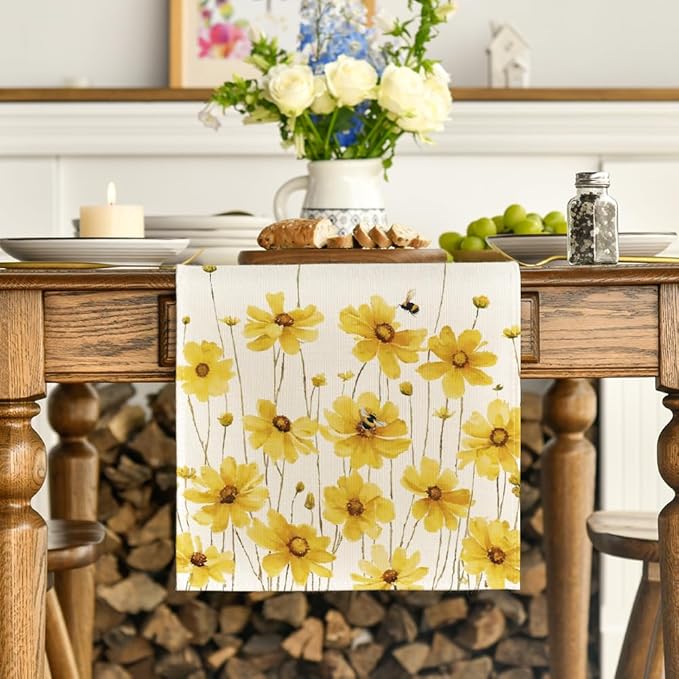 Artoid Mode Yellow Flowers Daisy Bees Summer Table Runner, Seasonal Easter Fall Holiday Kitchen Dining Table Decoration for Home Party Indoor 13x108 Inch