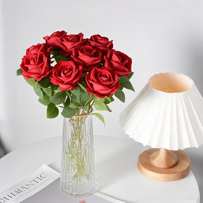 Jasion 50PCS Artificial Roses Realistic Velvet Silk Fake Flowers Long Stem Faux Flowers Bouquet for Wedding Home Party Table Centerpieces Decoration (Red)