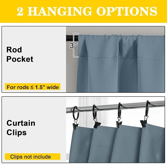 Stone Blue Cafe Blackout Curtains 36 Inch Length 2 Panels Set, Soft Solid Thermal Insulated Room Darkening Small Window Curtains for Kitchen Bathroom Basement, Stone Blue, Each, 40" Wx36 L