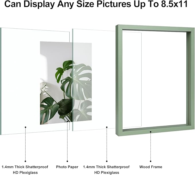 Egofine 8.5x11 Floating Frames Set of 2, Double Plexiglass Picture Frame, Made of Solid Wood Display Any Size Photo up to 8.5x11, Wall Mount or Tabletop Standing, Green