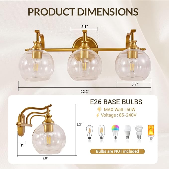 ANDY STAR Bruhsed Gold Bathroom Light Fixtures, Gold 3 Light Bathroom Vanity Lights, 3 Lights Wall Light with Globe Clear Lampshade, Vintage Brass Sconce with Metal Lamp Body for Bedroom, Living Room