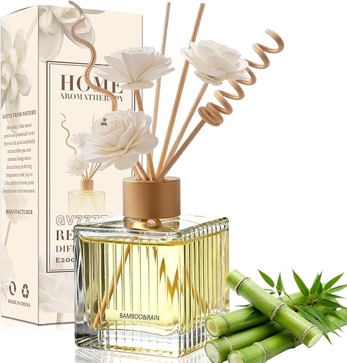 Bamboo Rain Reed Diffuser Set - 6.7 oz Glass Bottle with 4 Rattan Sticks, 3 Dried Flowers | Adjustable, Long-Lasting Scent for Home, Bedroom, Living Room, Office, Bathroom | Aromatherapy Gift Set