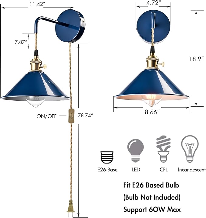 Plug-in Macaron Wall Sconce, Hanging Height-Adjustable Wall Lamp Set of Two, Hardwire Optional, Blue Industrial Wall Light Fixture for Home Office