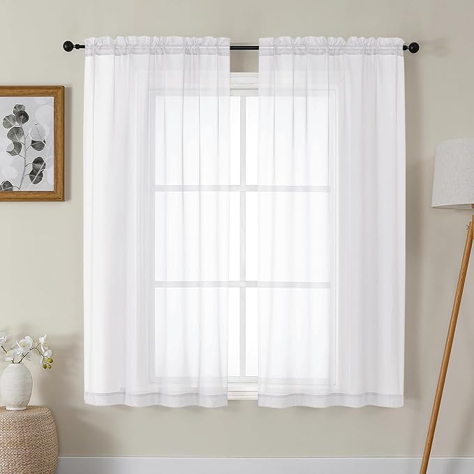 Gwine White Sheer Curtains 63 Inch Length for Living Room 2 Panels, Light Filtering Rod Pocket Window Curtain Treatment for Bedroom, Voile Elegant Sheer Drapes，Each 42" Wx63 L, White