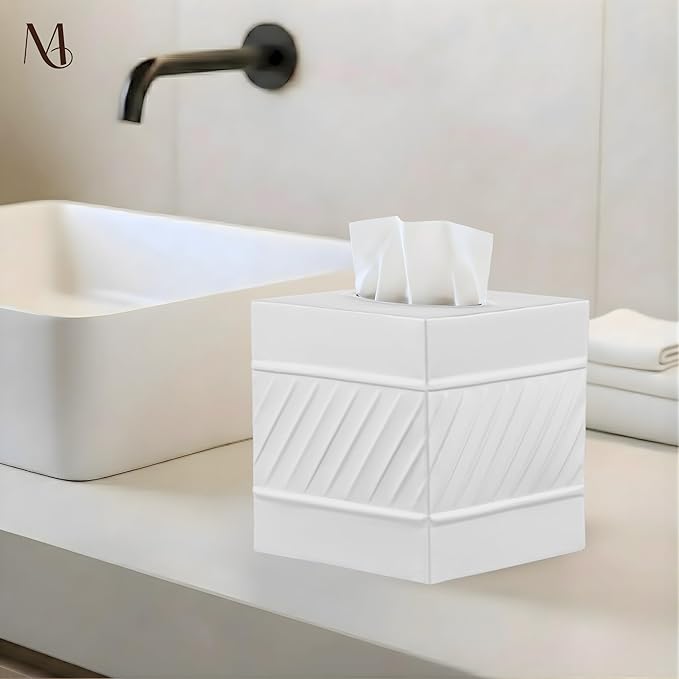 Monarch Abode Tissue Box Cover Square – Handcrafted Wave Embossed White Metal Tissue Holder Box for Bathroom Accessory, Aesthetic Decorative Facial Napkin Cube for Modern Home Decor