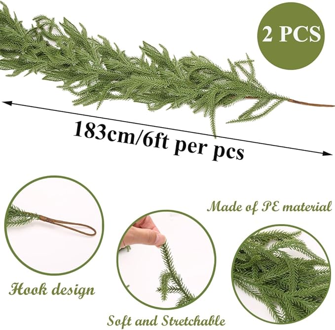 2 Pcs 6FT Norfolk Pine Garland Realistic Real Touch Artificial Faux Greenery Garland for Winter Decorations for Home Window Fireplace Garland for Mantle Table Holiday Indoor Outdoor Garland