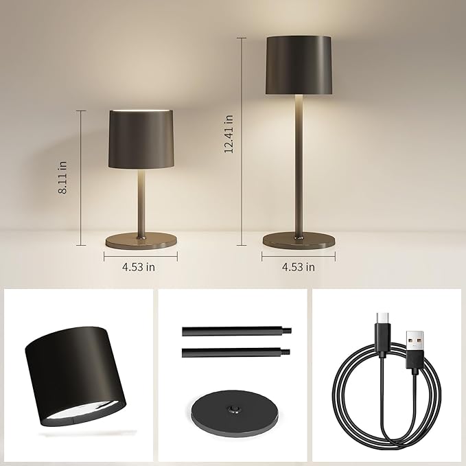Cordless Table Lamp, Portable LED Desk Lamps, 2 Adjustable Height, 4400mAh Battery Powered Rechargeable Light, 3 Color Stepless Dimming Up,for Restaurant, Bedroom, Outdoor Camping (Black)