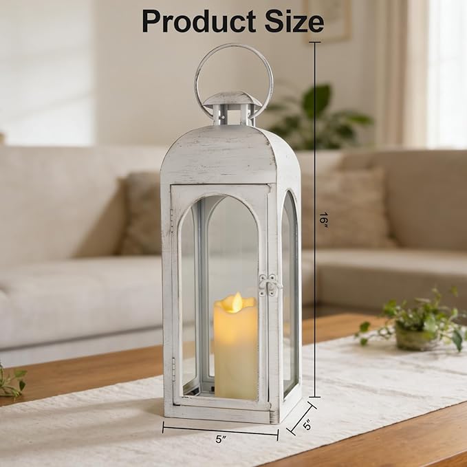 Decorative Candle Lantern 16Inches Outdoor Metal Lantern Hanging Candle Lantern for Indoor Outdoor Home Decor Patio Christmas Decorations, Greyish White
