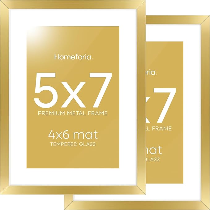 Homeforia 5x7 Picture Frame Gold, High End Metal 5 x 7 Gold Frames with Mat 4 x 6 for Print, 5by7 Desk Frame Matted to 4x6 inch Photo, 5 by 7 Wall or Tabletop Frame, Tempered Glass, Wall Kit, Set of 2