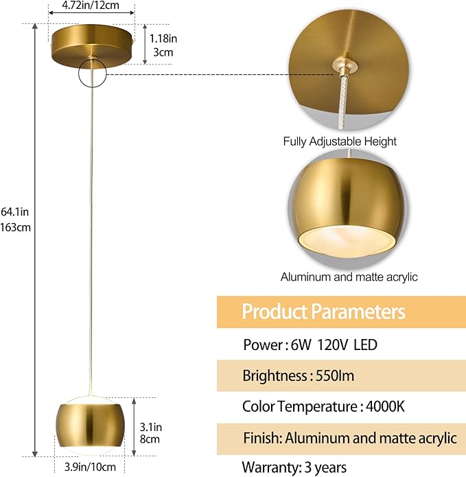 Modern LED Dimmable Pendant Light fixtures,Mini Island Pendant Lighting for Kitchen Island Dinning Room,Bedroom,Bar, Kitchen Island Ceiling Hanging Light Fixtures(gold-1-Pack)