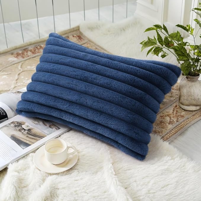 decorUhome Faux Fur Christmas Throw Pillow Covers 12x20 Set of 2, Decorative Soft Plush Striped Lumbar Neutral Couch Euro Pillow Covers with Velvet Back for Sofa, Bed, Living Room Home Decor, Blue