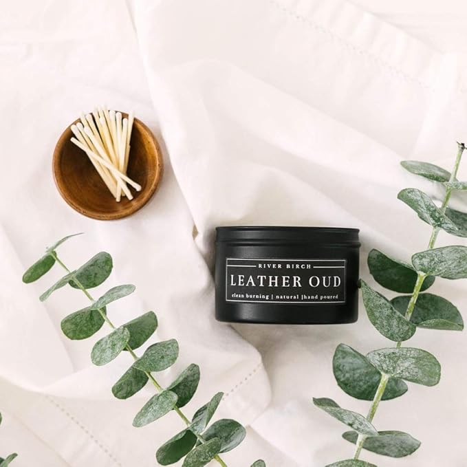 River Birch Candles Leather Oud Scented Candle | Premium, All-Natural, Non-Toxic, Soy Candles | 8 oz. Black Matte Tin Travel Candle | Cozy Relaxing Gifts for Home