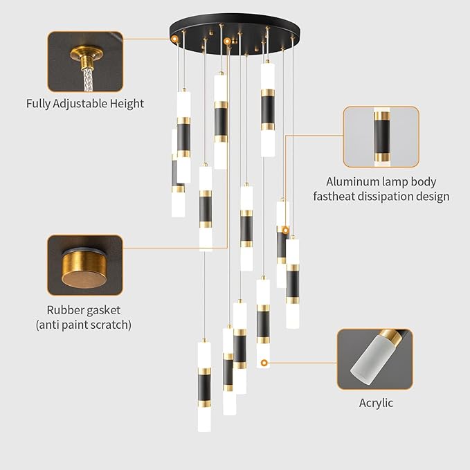 12-Light Chandelier LED 72W Dimmable Chandeliers for Entryway Pendant Light Fixture Chandeliers for Staircase Lobby Black Gold Lighting Modern High Ceiling Chandelier