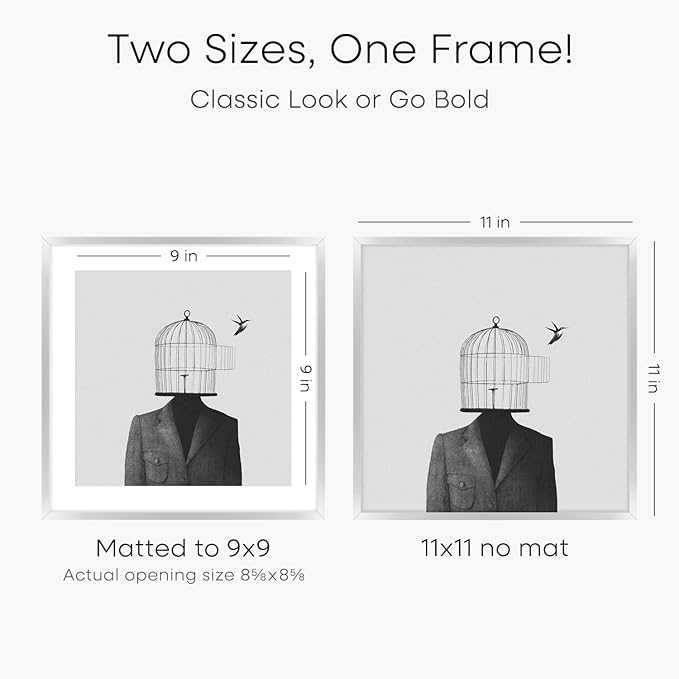 Homeforia 11x11 Picture Frame Silver, High End Metal 11 by 11 Square Frames with Mat 9 x 9 Photo, 11x11 Thin Poster Frame Matted to 9x9 inch Art, Wall Hanging Frame, Tempered Glass, Wall Kit, Set of 3